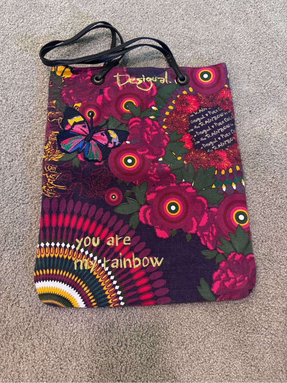 Vtg Desigual Tote Bag Embroidered Butterfly “You Are My Rainbow” NWOT